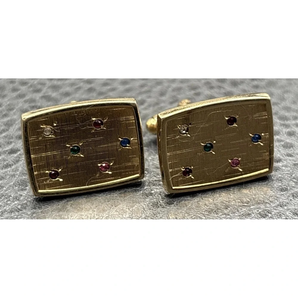 Vintage 12K Gold Filled Cufflinks Multicolor Rhinestone Modernist MCM Design